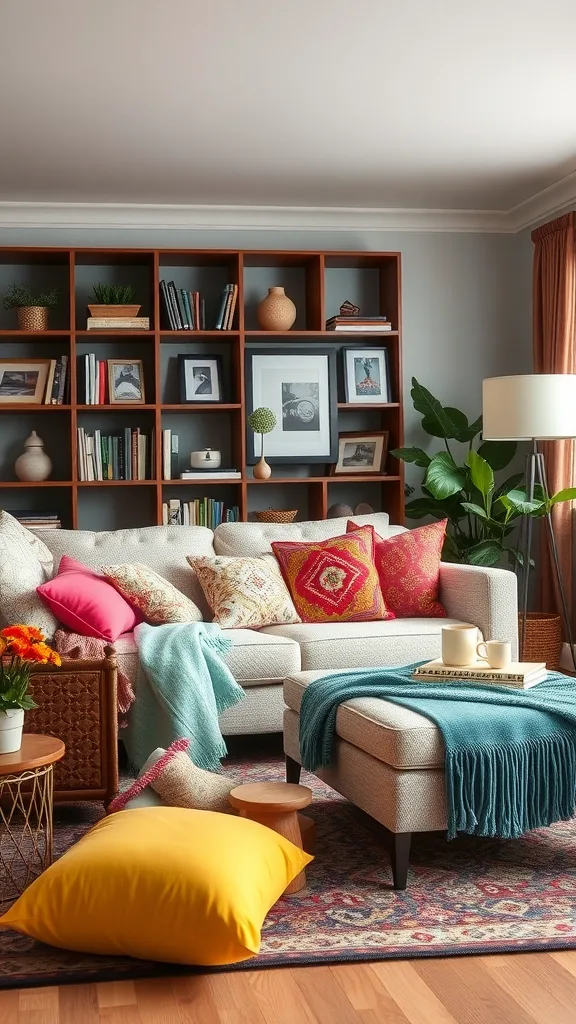 A cozy living room with colorful pillows and throws, showcasing vibrant accents against a neutral sofa.