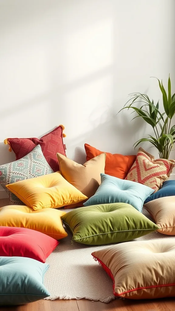 A collection of colorful floor cushions in various patterns and colors spread out on a soft rug.