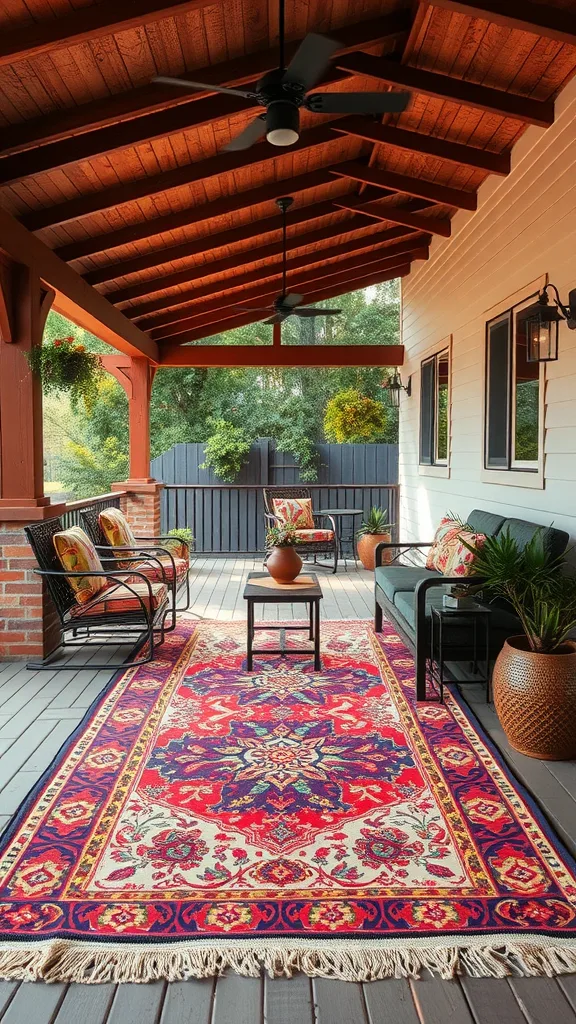 A colorful outdoor rug on a covered patio with comfortable seating and lush greenery.