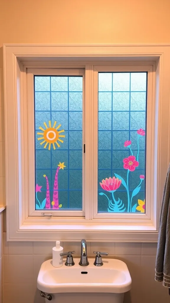 A colorful bathroom window decal with playful text and vibrant colors.