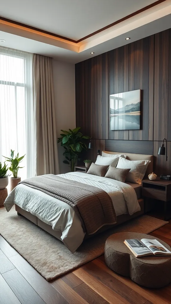 A cozy dark wood bedroom featuring a bed with soft linens, potted plants, and warm lighting.