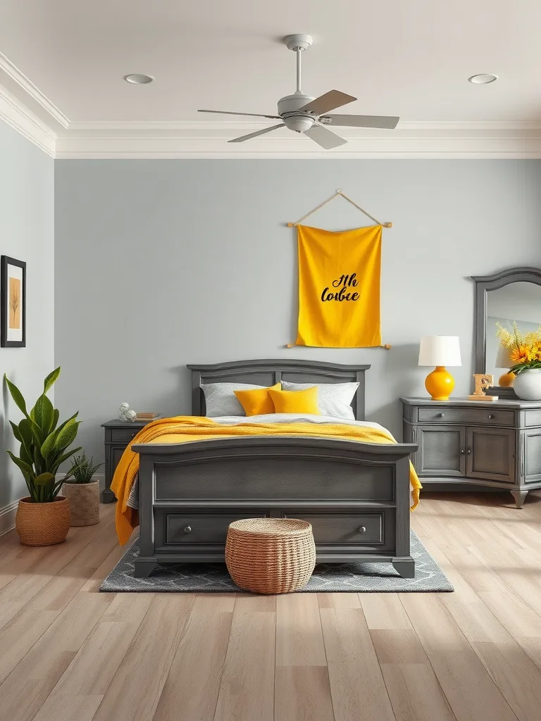 A beautifully styled bedroom featuring grey wooden furniture and bright yellow accents.