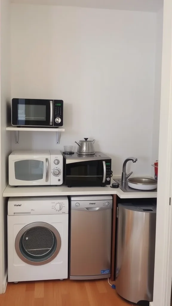 Compact kitchenette with microwave, oven, washing machine, and dishwasher