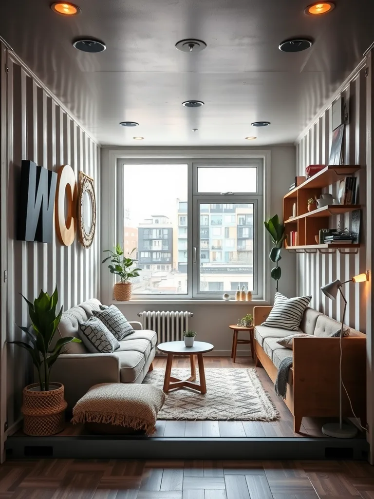 A cozy interior of a compact container studio apartment featuring a living area with a couch, plants, and large windows.