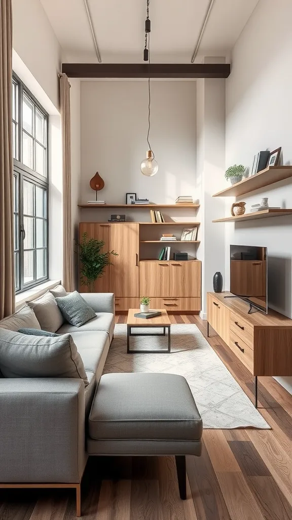 A stylish long narrow living room featuring a light gray sectional sofa, wooden furniture, and floating shelves.