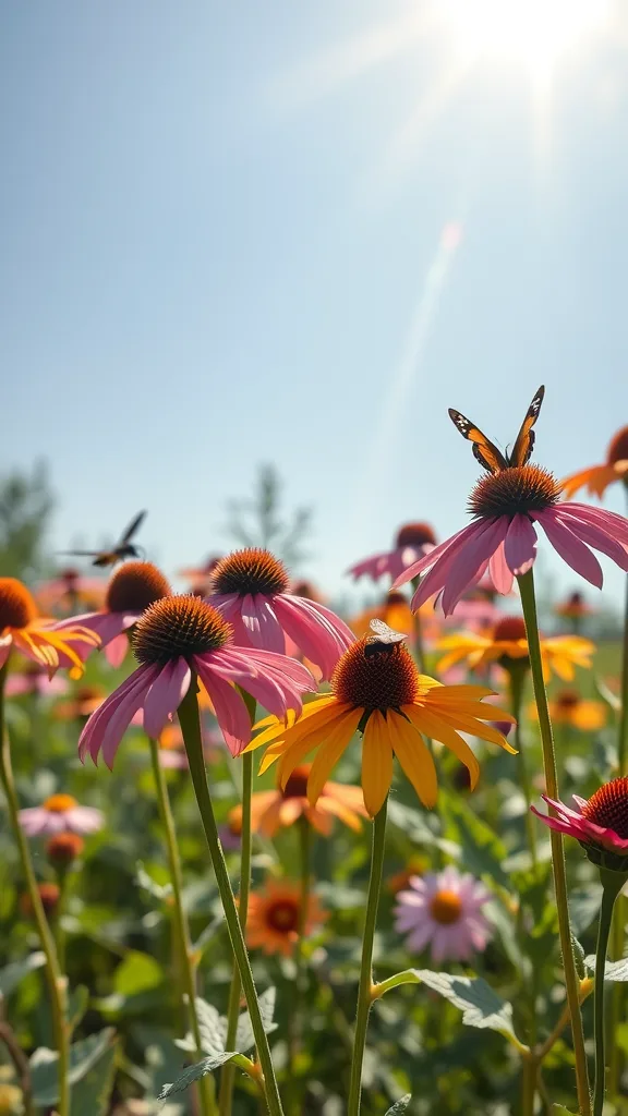 A vibrant field of coneflowers in pink and orange, with butterflies fluttering among them, under a bright blue sky.