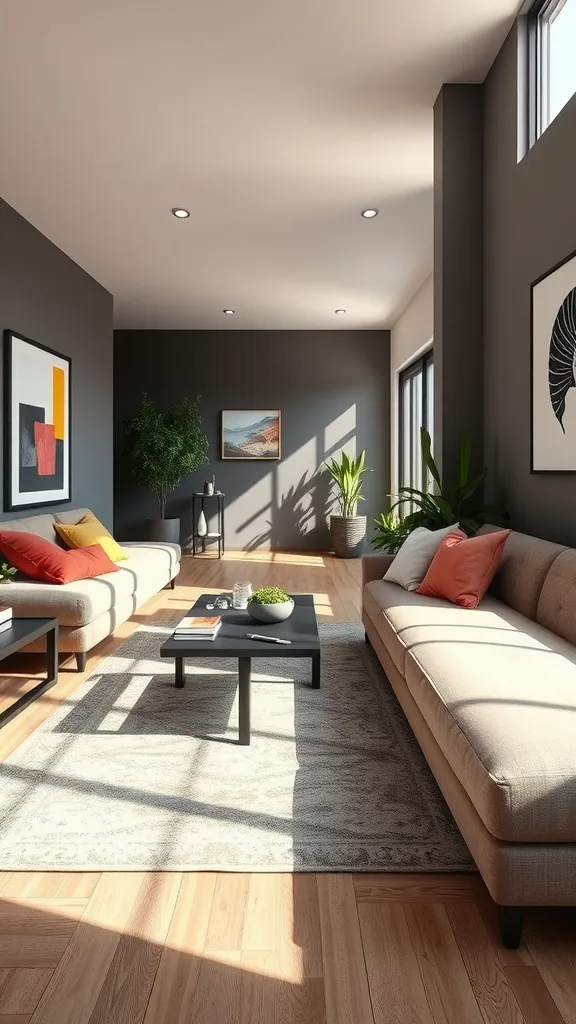 A modern long narrow living room featuring a sofa bed, plants, and a stylish coffee table