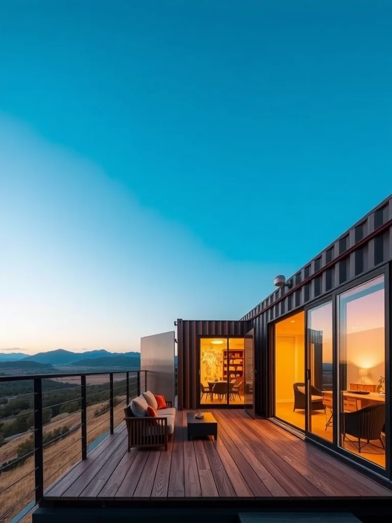 A modern shipping container home with a large deck set against a mountain backdrop.