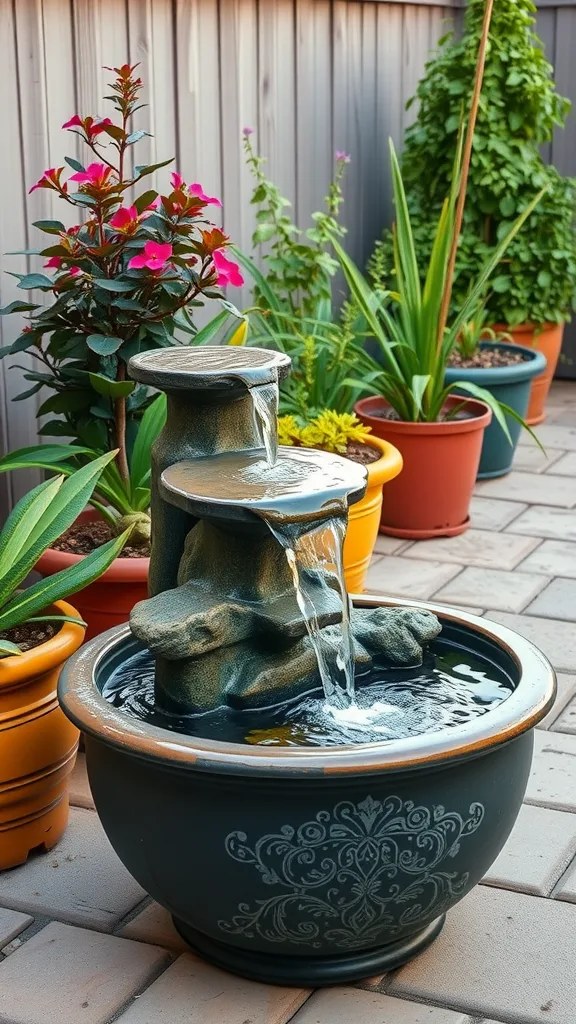 A decorative container waterfall with flowers and plants in colorful pots.