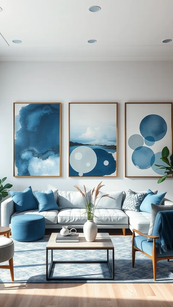 A modern living room featuring blue and gray decor with contemporary art on the walls.