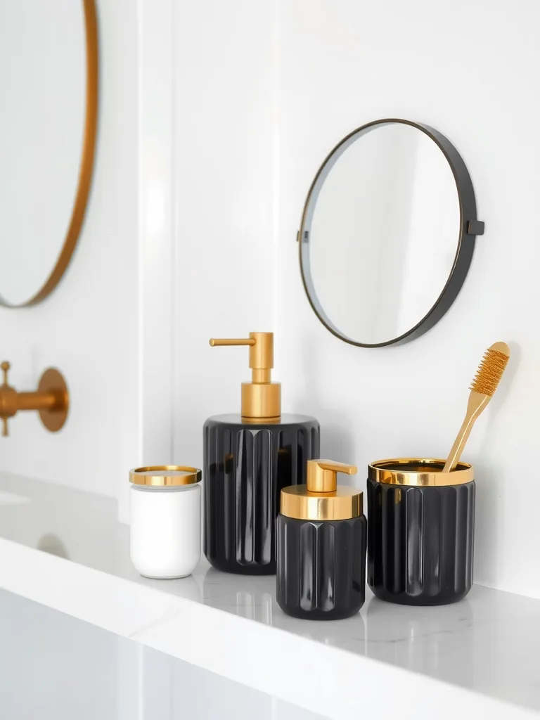 Contemporary black and gold bathroom accessories on a shelf