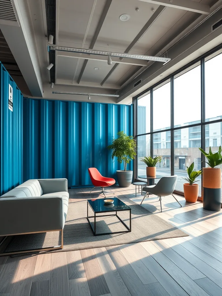 A contemporary office space inside a shipping container, featuring a blue wall, modern furniture, and large windows.