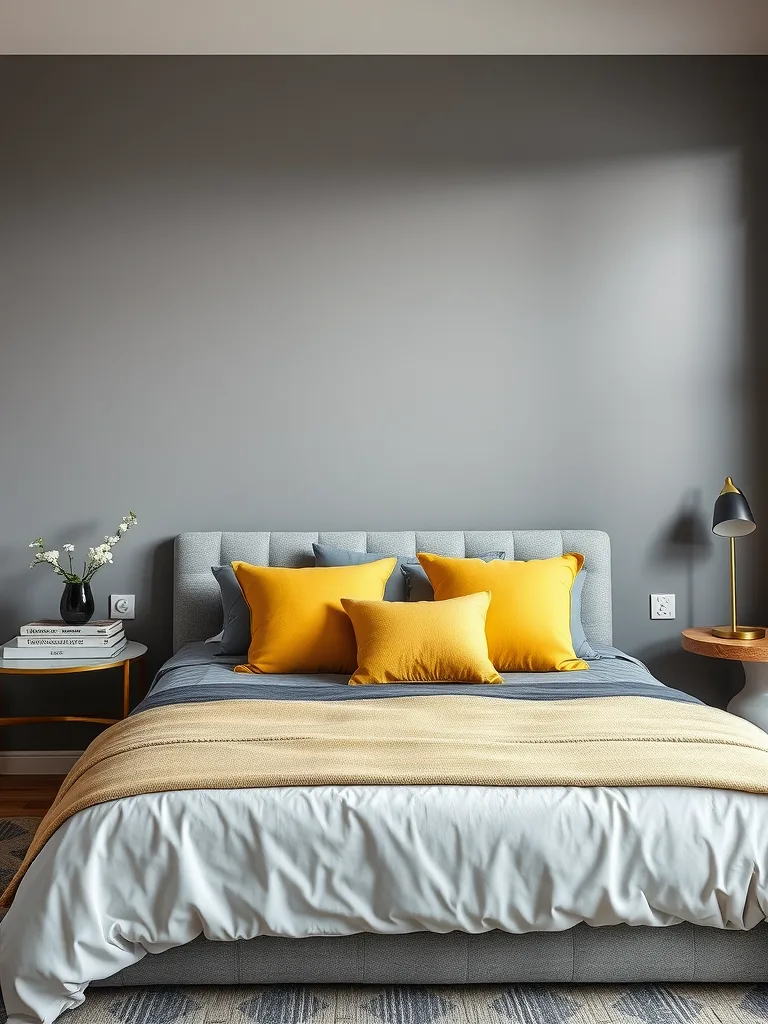 A contemporary bedroom with grey walls and yellow accents on the bedding and decor.