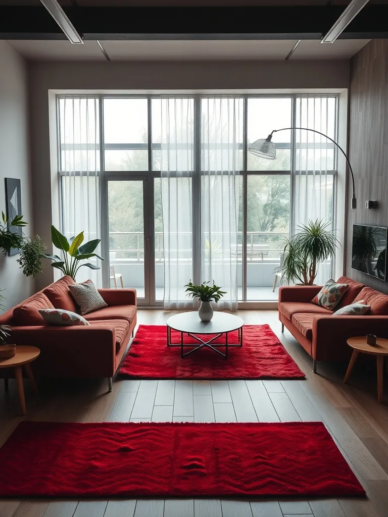 A contemporary living room with red rugs, showcasing a cozy and vibrant atmosphere.