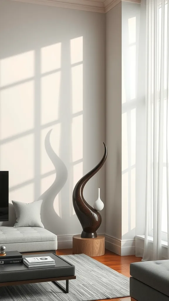 A contemporary sculpture in a living room corner, casting shadows on the wall.