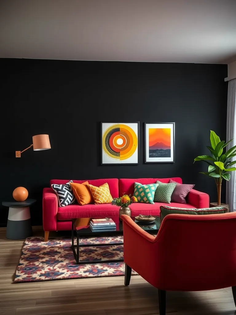 A stylish black living room featuring a bold red couch, colorful pillows, and modern decor.