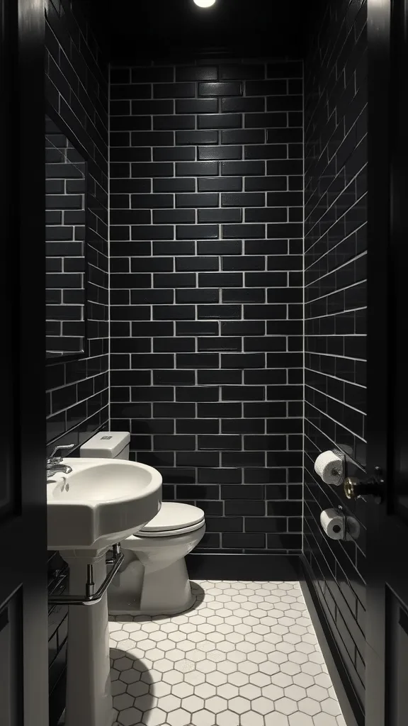 A stylish half bathroom featuring black subway tiles on the walls and contrasting white hexagon tiles on the floor.