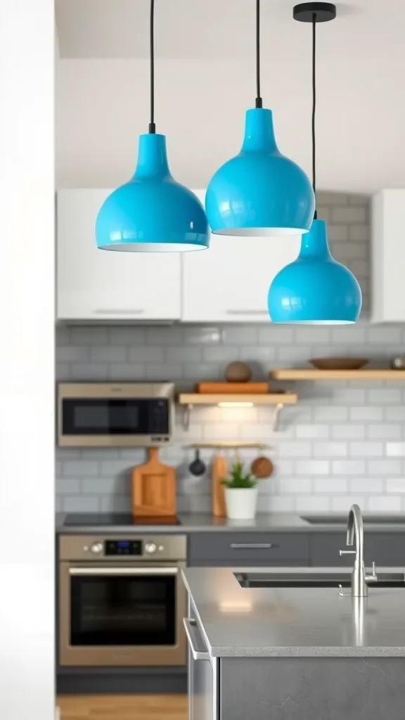 A kitchen featuring blue pendant lights hanging over grey counters.