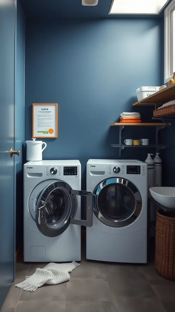 A modern laundry room featuring cool steel blue walls and white appliances.