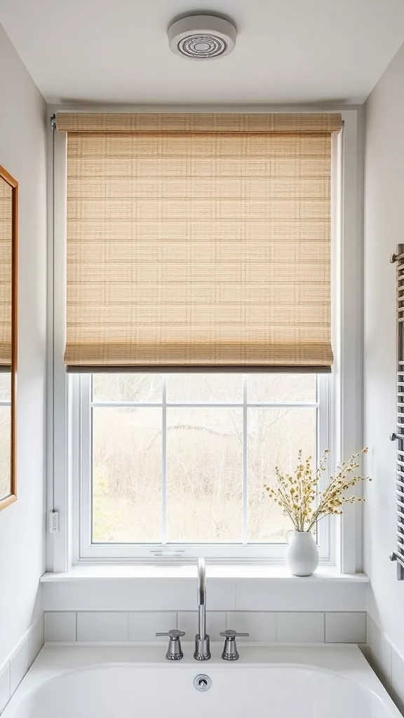 A bathroom with modern cordless roller shades on the windows, featuring a sleek design and minimal decor.