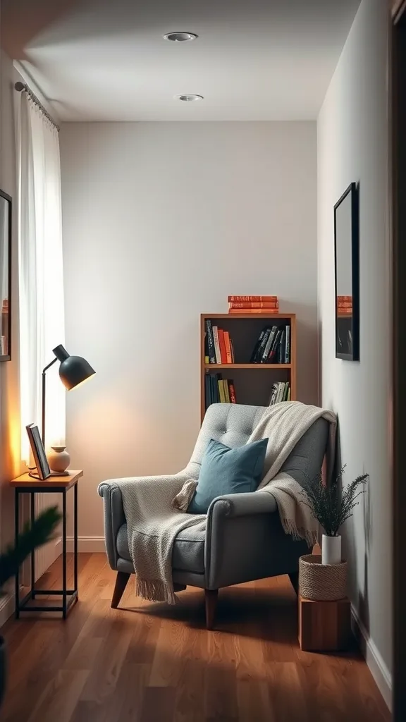 A cozy corner reading nook with a comfortable chair, soft lighting, and a bookshelf in a narrow living room setting.