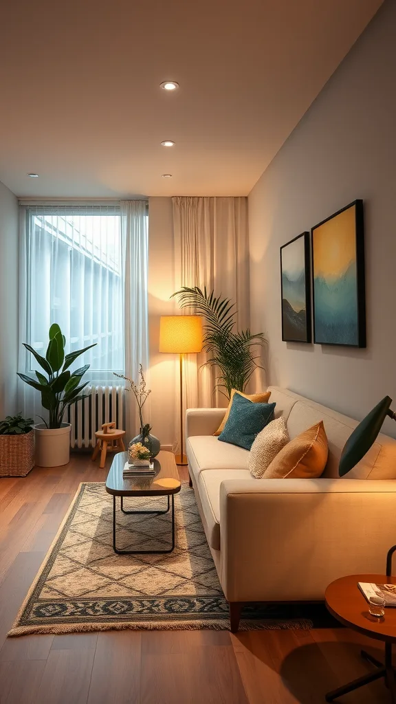 A cozy corner seating arrangement in a long narrow living room with a light sofa, decorative cushions, a coffee table, and plants.