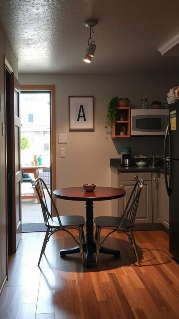 Cozy dining nook in a basement kitchenette with a round table and metal chairs