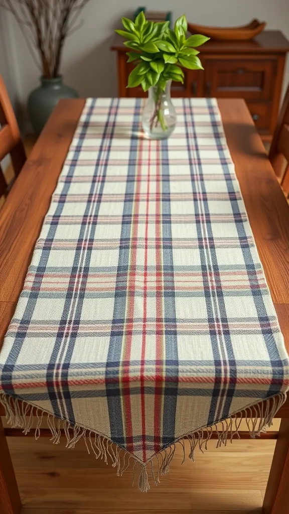 A cozy plaid fabric table runner on a wooden dining table with a small vase of greenery.