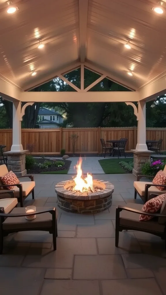 Cozy fire pit lounge with seating and a stone fire pit under a covered patio