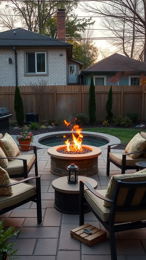 Cozy fire pit seating area with chairs, a stone fire pit, and surrounding greenery.