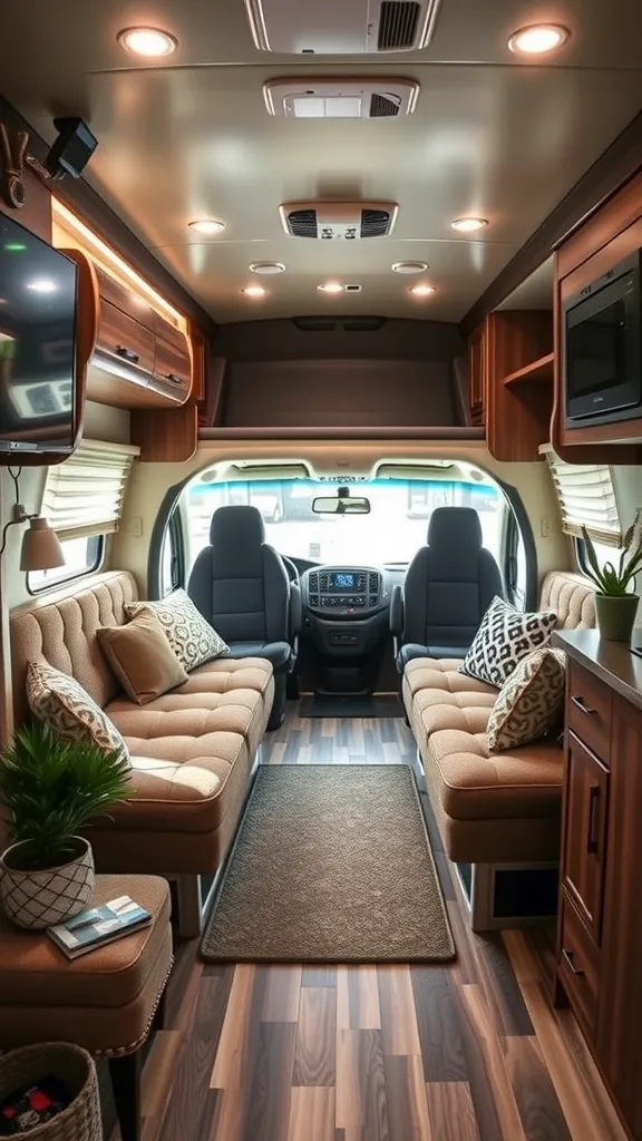 Cozy RV interior featuring modular furniture with plush couches and warm wood tones.