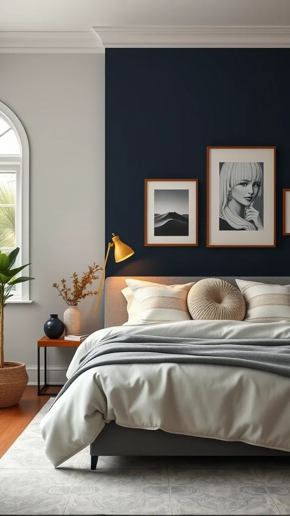 Cozy bedroom featuring a navy blue accent wall with decorative art, soft bedding, and plants.