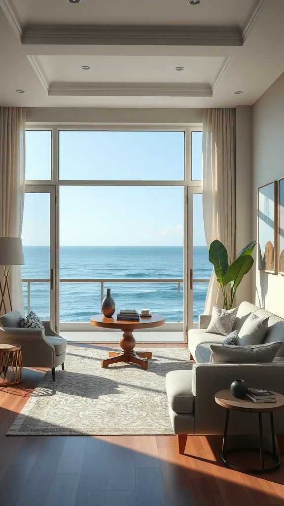 A cozy living room with ocean views featuring neutral furniture and natural light.