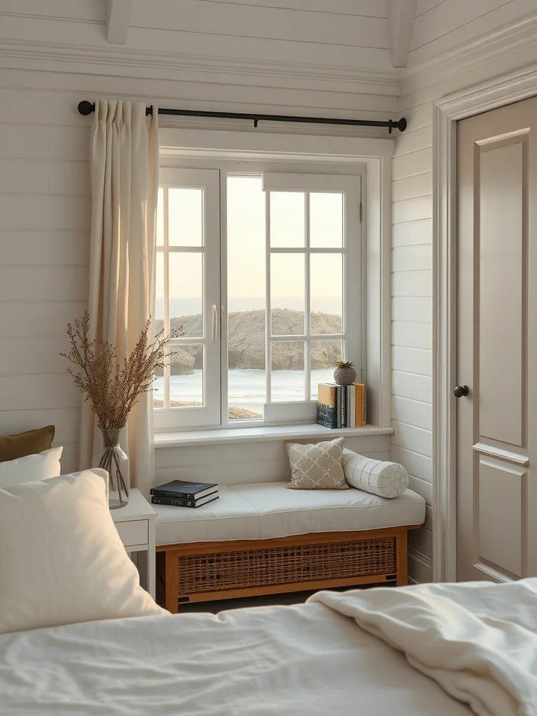 Cozy reading nook by a large window in a coastal bedroom, featuring a comfortable bench, pillows, and books.