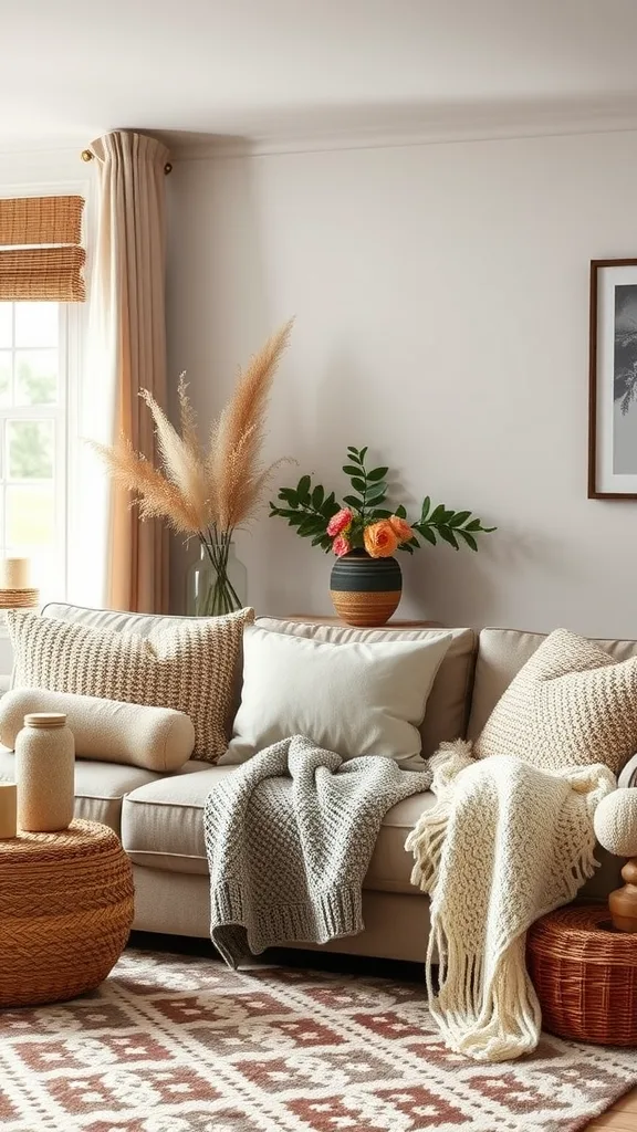 Cozy living room with layered textures and warm colors