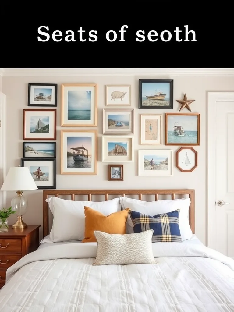 Coastal bedroom with a gallery wall of framed beach-themed art and photos above the bed.