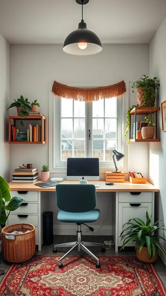 A cozy boho-style home office featuring a desk, computer, plants, and decorative elements.