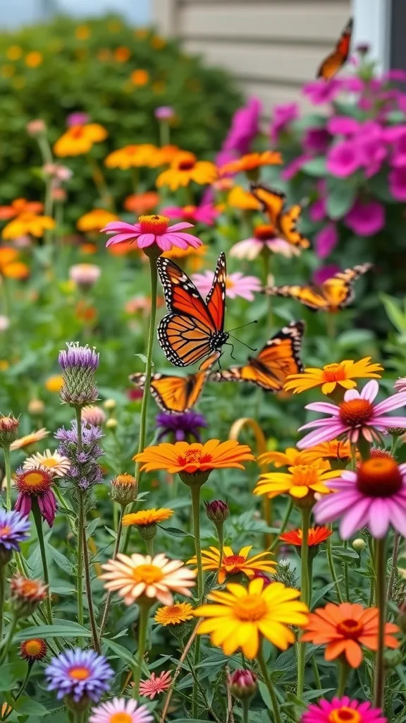 A colorful butterfly garden featuring yellow and pink flowers with butterflies flying around.