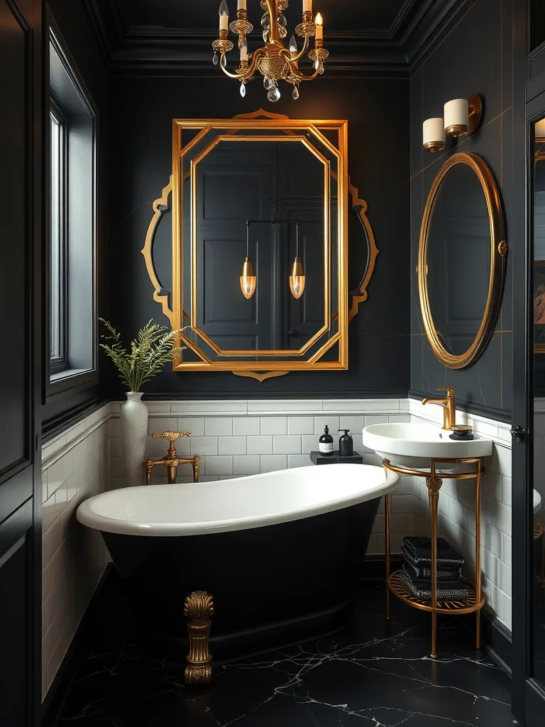 A stylish black and gold bathroom featuring a freestanding tub, gold mirrors, elegant lighting, and tasteful accessories.