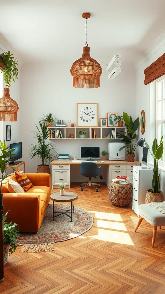 Cozy boho home office with communal workspace featuring an orange sofa, light wood desks, plants, and warm lighting.