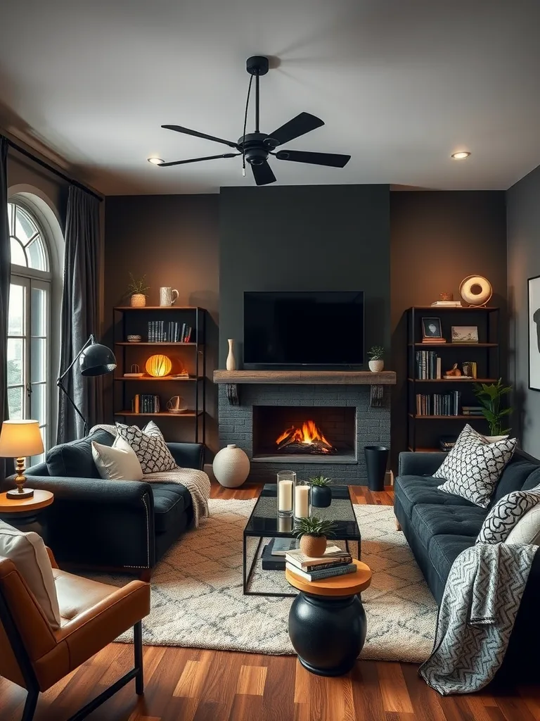 A cozy black living room featuring plush sofas, a fireplace, and warm lighting.