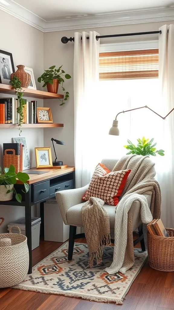 Cozy reading nook in a home office with a chair, throw blankets, plants, and shelves filled with books.