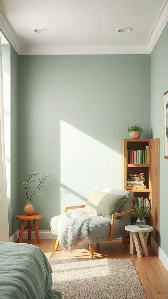 A cozy reading nook in a sage green bedroom featuring a comfortable chair, a side table, and a bookshelf.