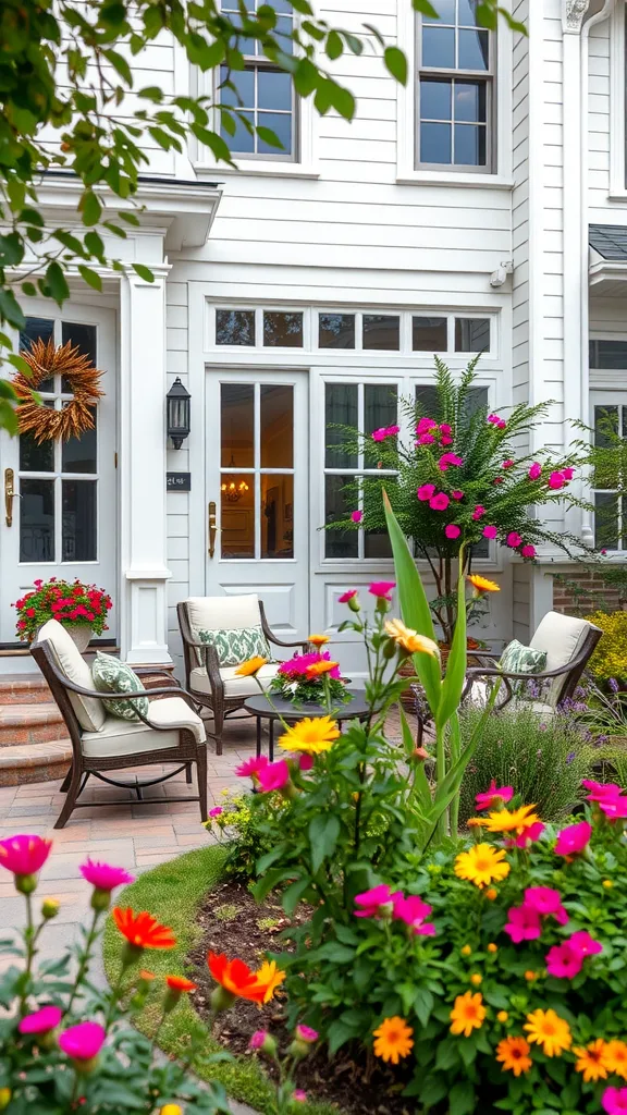 A cozy seating area in a front yard surrounded by colorful flowers.