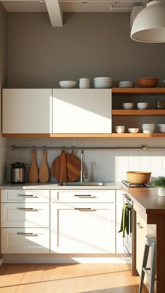 A modern family-friendly kitchen featuring white cabinetry and wooden accents, with open shelving and a sleek countertop.