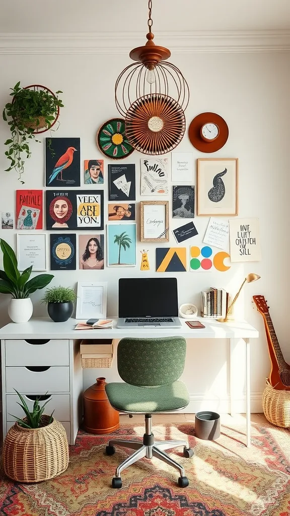 A boho-inspired home office with a gallery wall featuring colorful art pieces, a desk with a laptop, and plants.