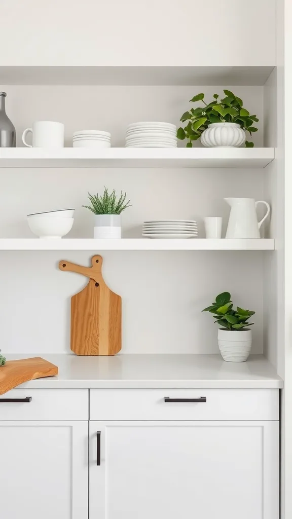 A minimalist kitchen shelf with white dishware and potted plants