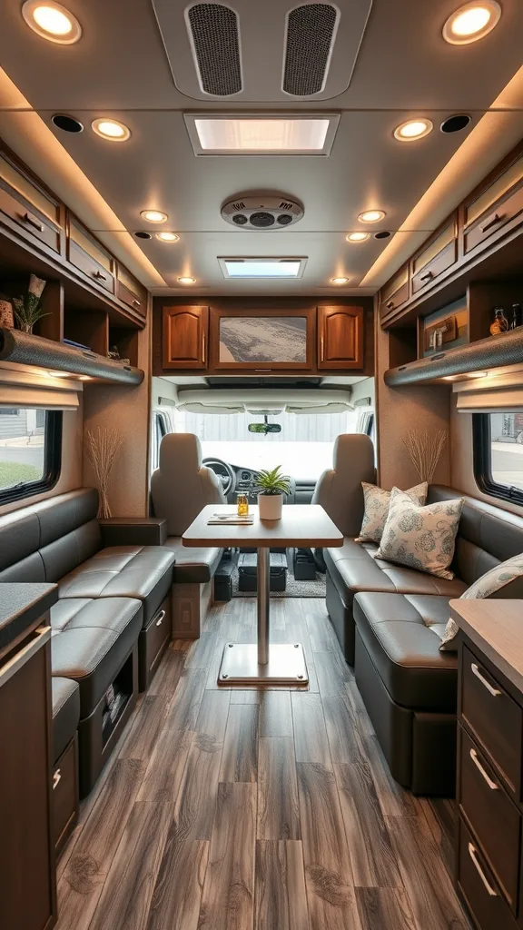 Interior of a remodeled RV dining space with seating and a central table