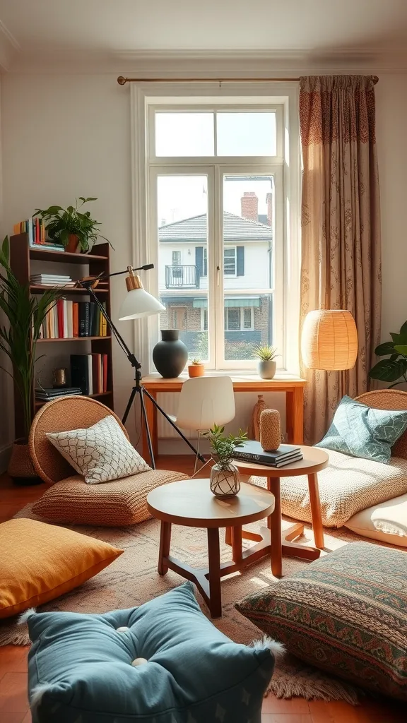 A cozy boho-style home office with cushions, a small table, and plants by a window.