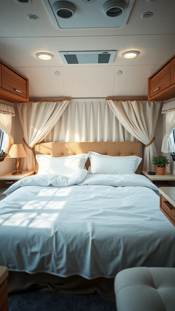 Cozy RV bedroom with soft bedding, warm lighting, and natural decor.